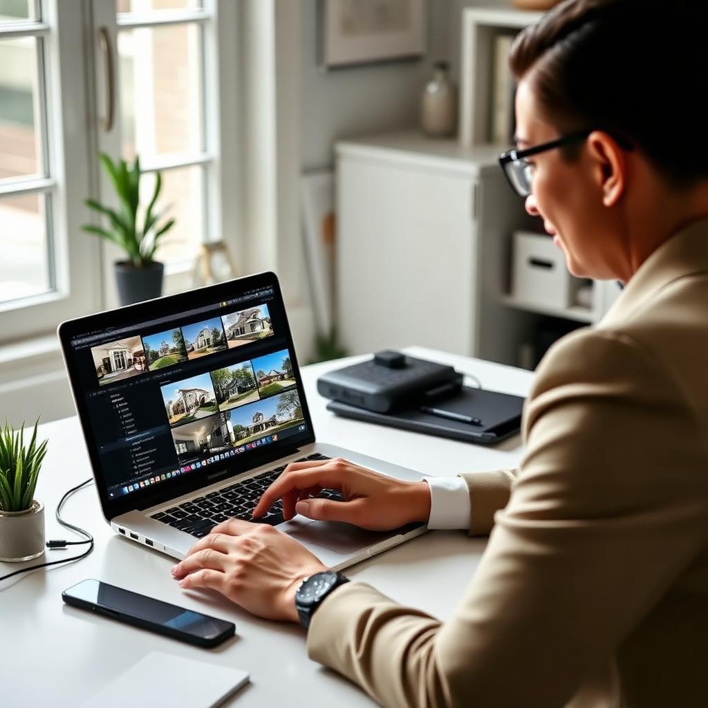 Real estate agent working on laptop with multiple property photos spread on desk creating video tour content in professional home office setting