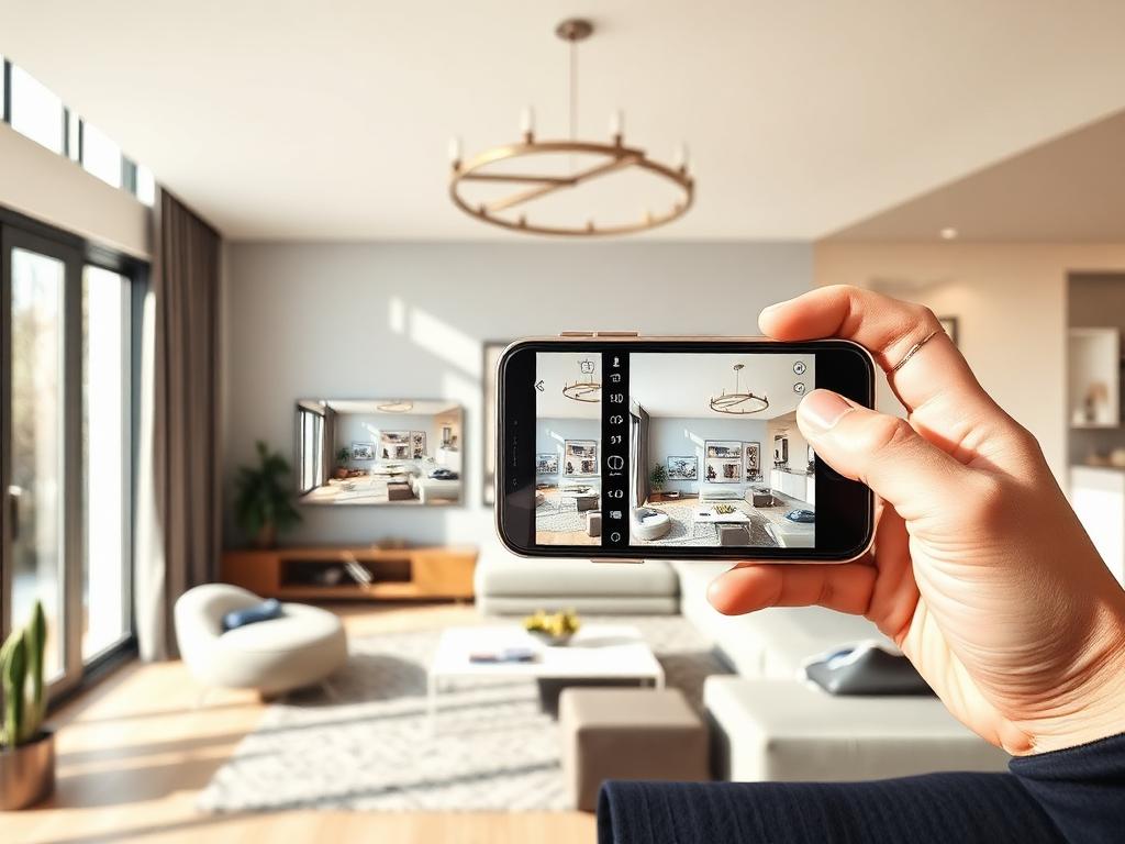 Professional real estate agent holding smartphone taking photos of beautiful modern house interior with natural lighting