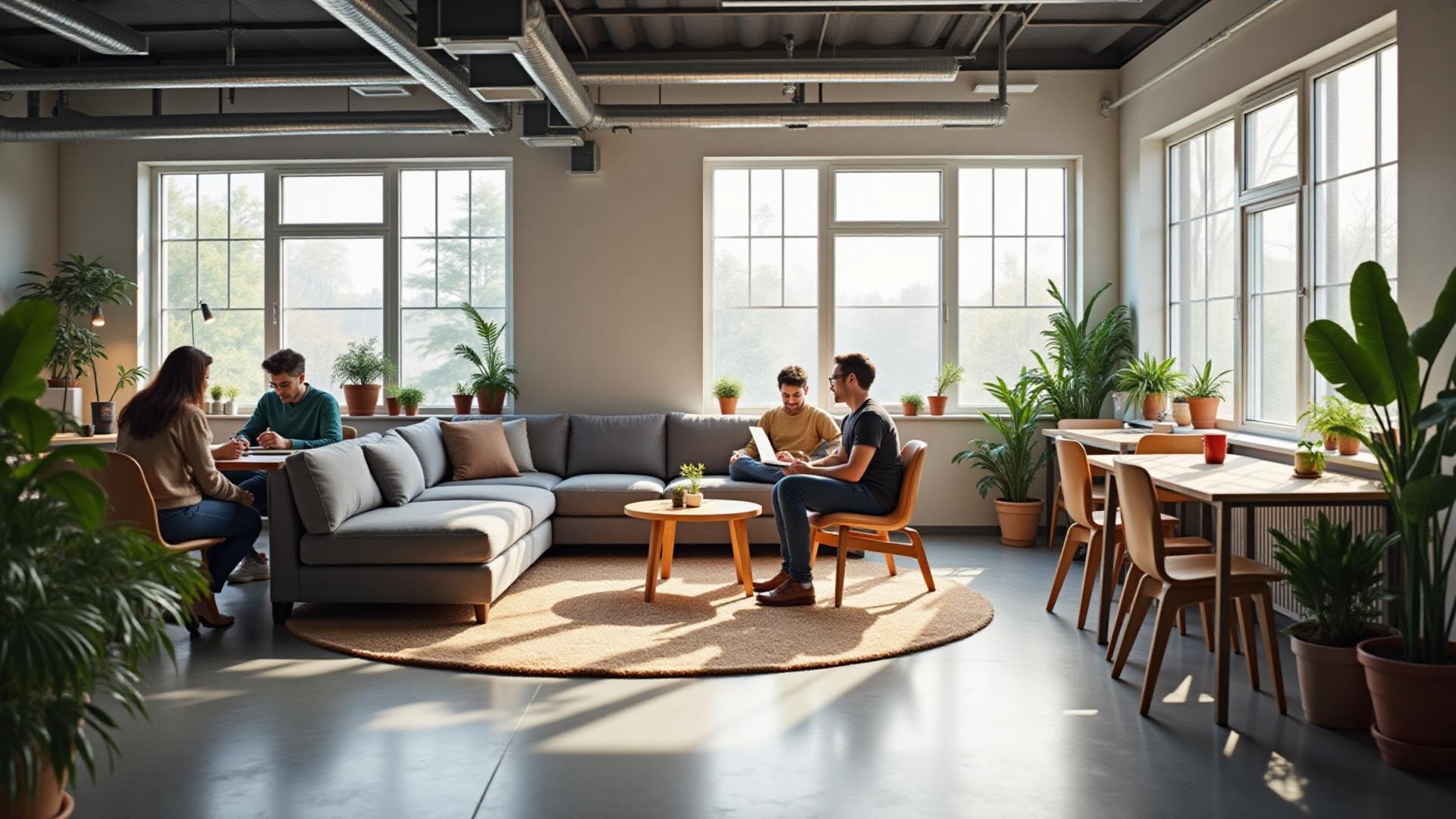 Modern collaborative workspace with flexible seating and creative zones, ideal for virtual tour showcases