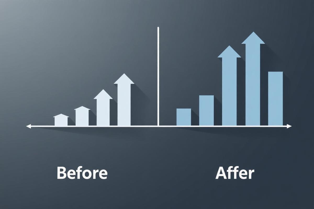 Before and after comparison showing 40% booking increase with AI virtual tours for vacation rentals, displaying analytics dashboard with conversion metrics