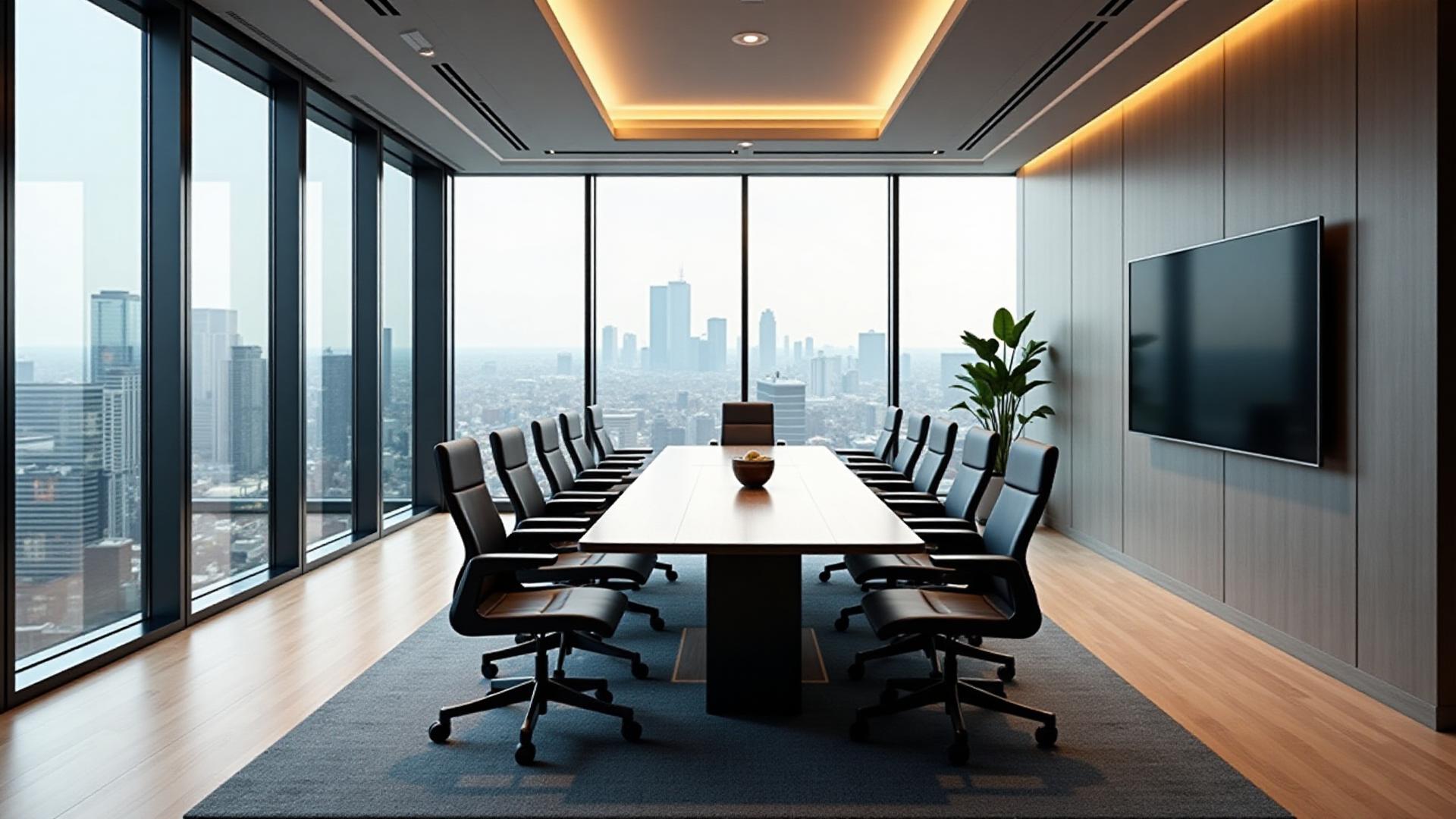 Professional corporate meeting room with conference table and city views, perfect for client presentations via virtual tours