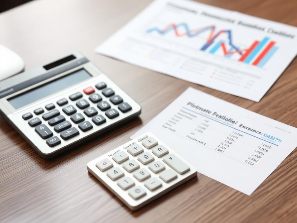 Professional desk with calculator and financial charts comparing expensive camera equipment costs versus affordable monthly subscription pricing model