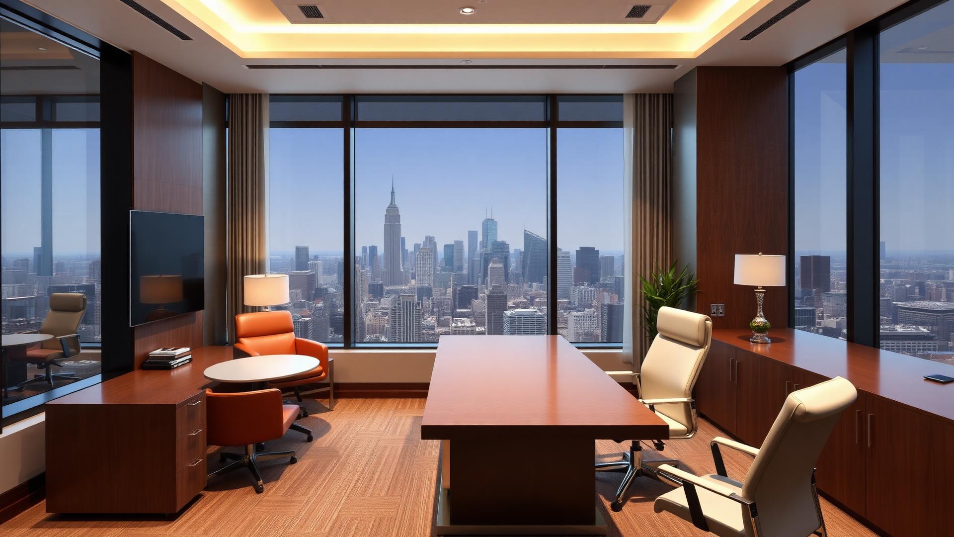 Luxury executive office suite with premium furniture and city views, showcasing high-end corporate spaces via virtual tours
