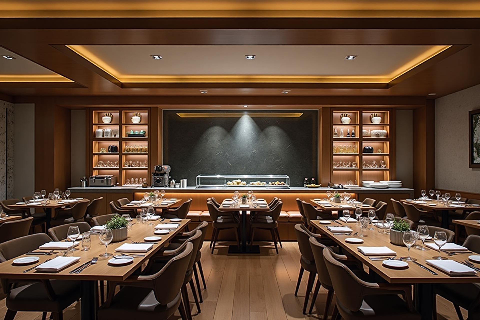 Elegant hotel restaurant with fine dining setup and ambient lighting, showcasing the culinary experience through virtual tours