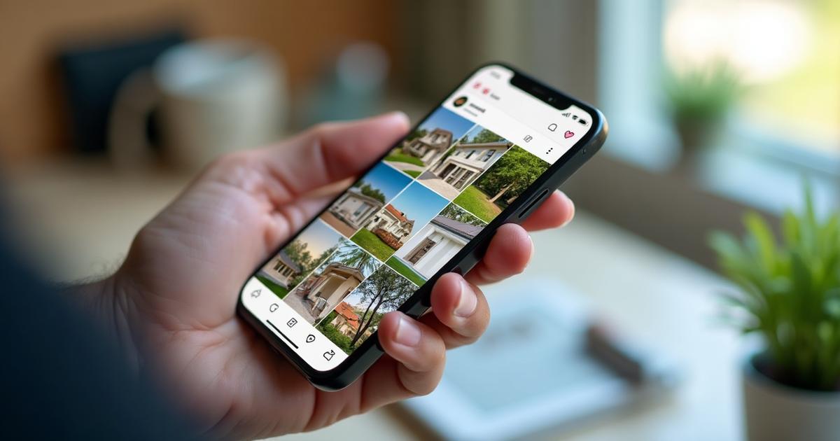 Professional real estate marketing scene showing Instagram reels creation with property photos and social media interface