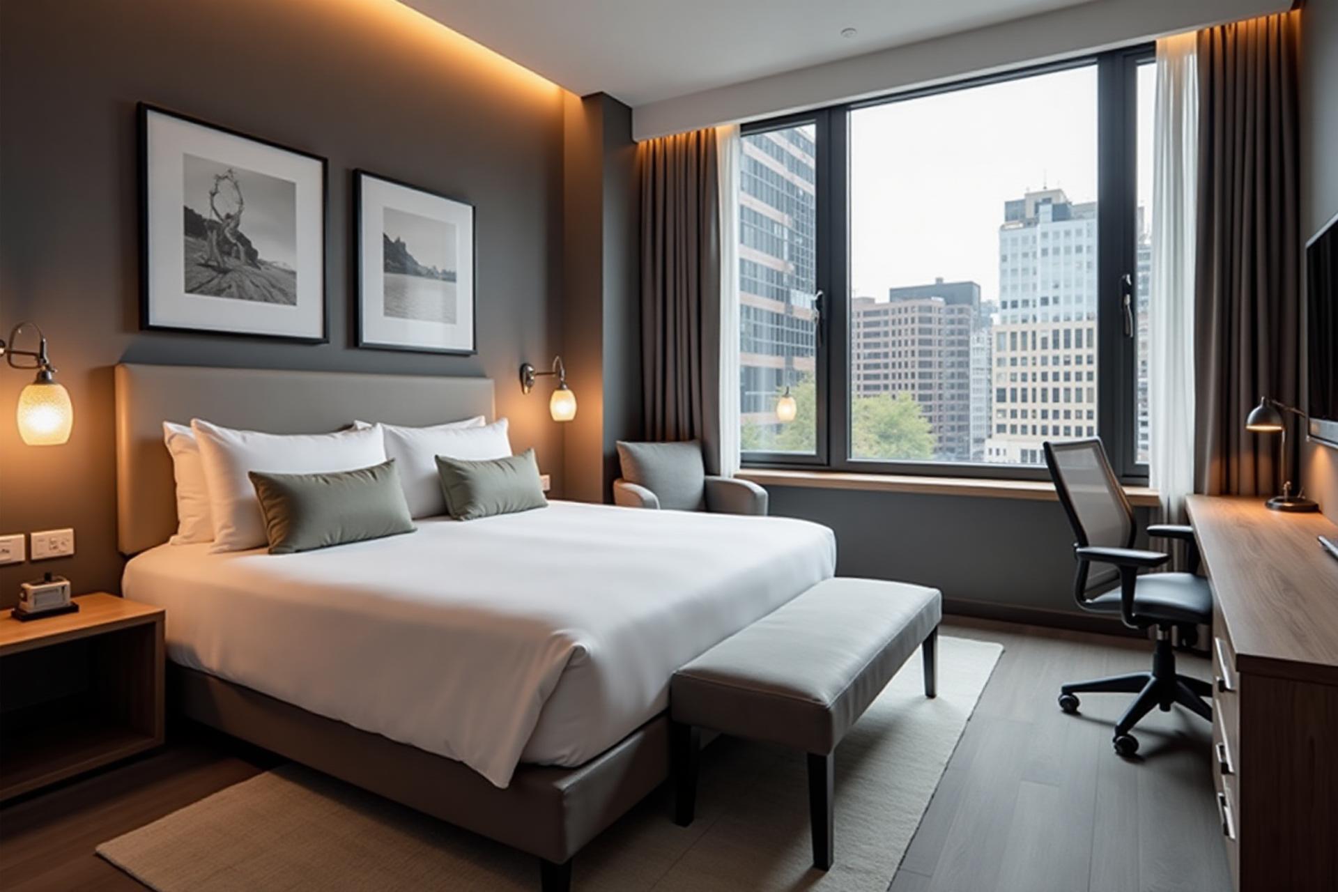 Modern luxury hotel room with king bed and city views showcasing the type of space perfect for AI virtual tour marketing