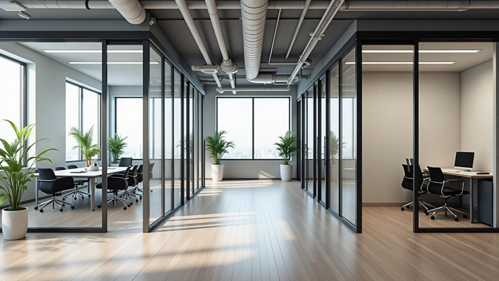 Modern corporate office space with open floor plan and contemporary design showcasing the potential for AI virtual tours