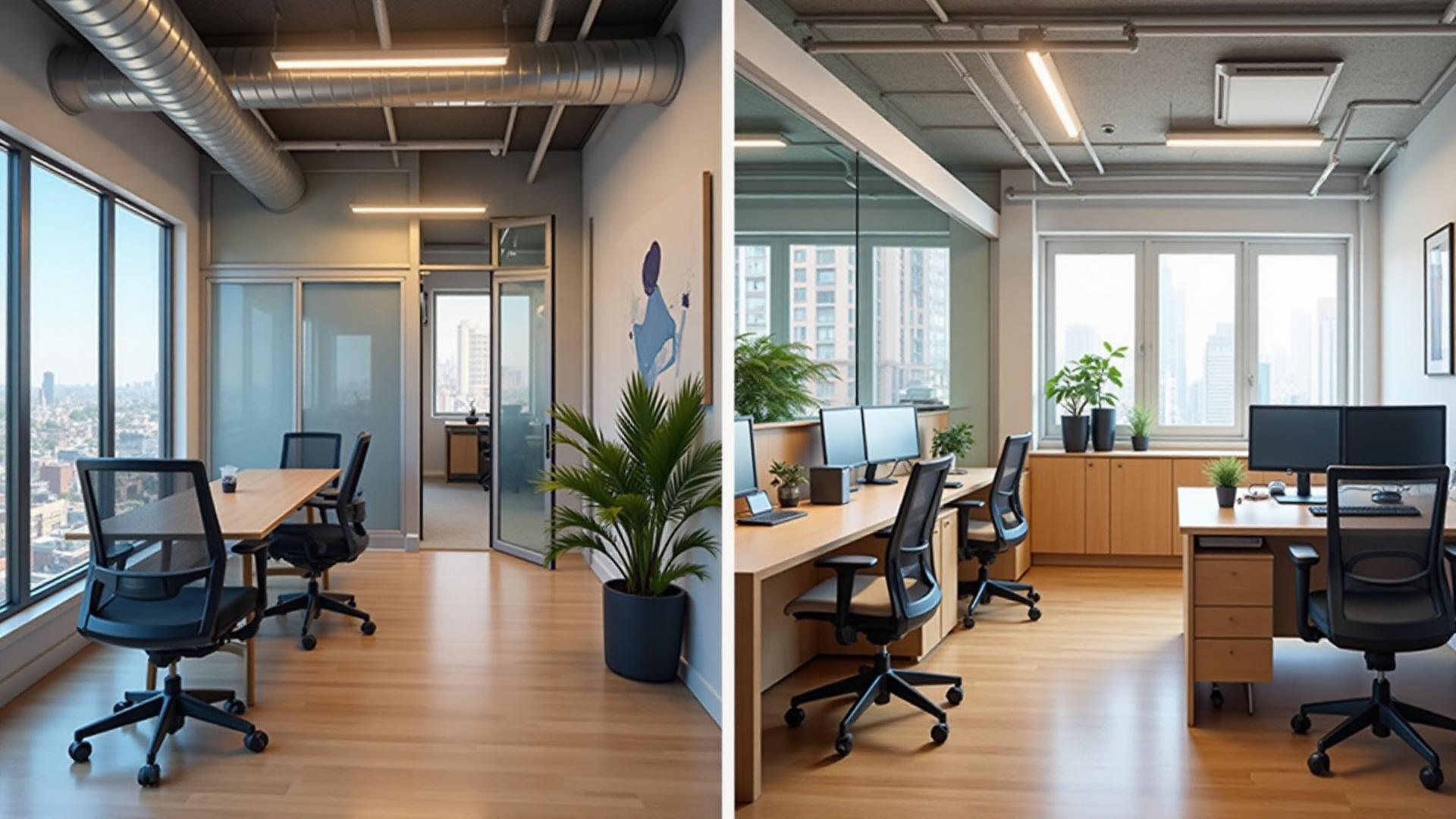 Before and after office transformation showcasing traditional versus modern AI-enhanced workspace design