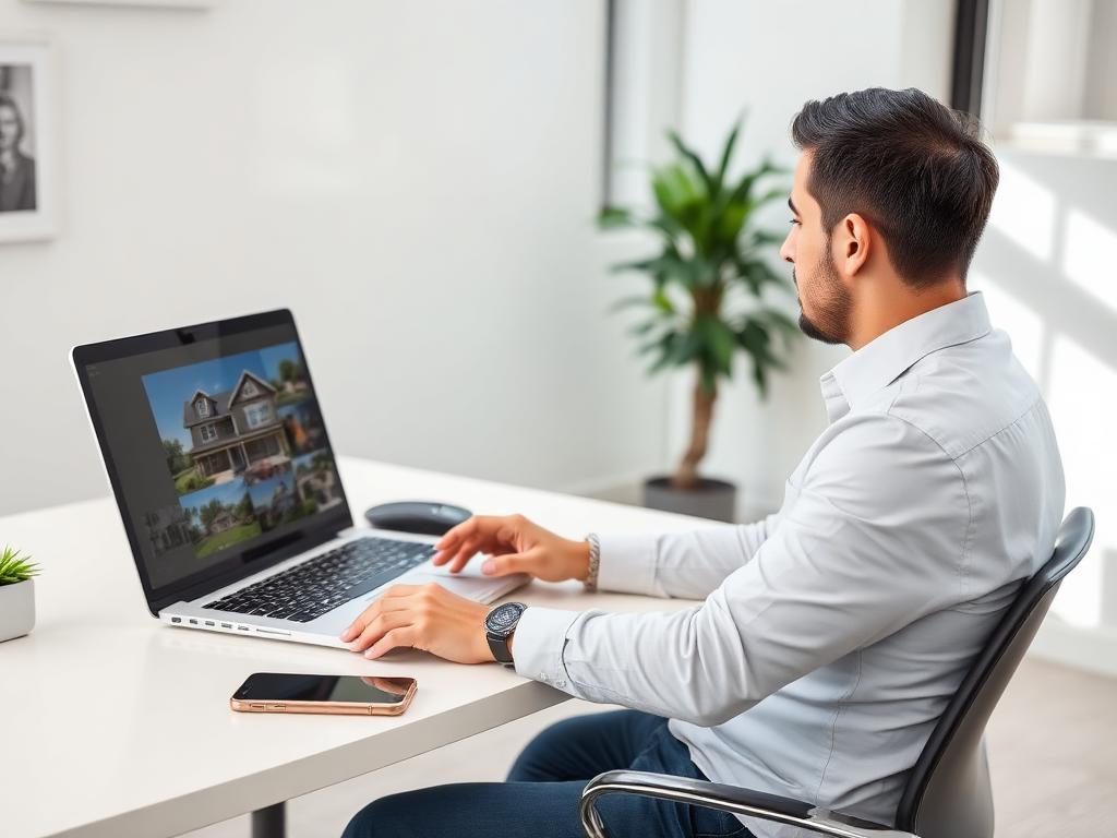 Professional real estate agent working at modern desk with laptop and smartphone showing property management and video creation interface