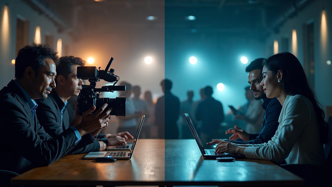 Visual comparison between traditional expensive real estate video production with film crews and equipment versus AI-powered PropZella creation using just a smartphone