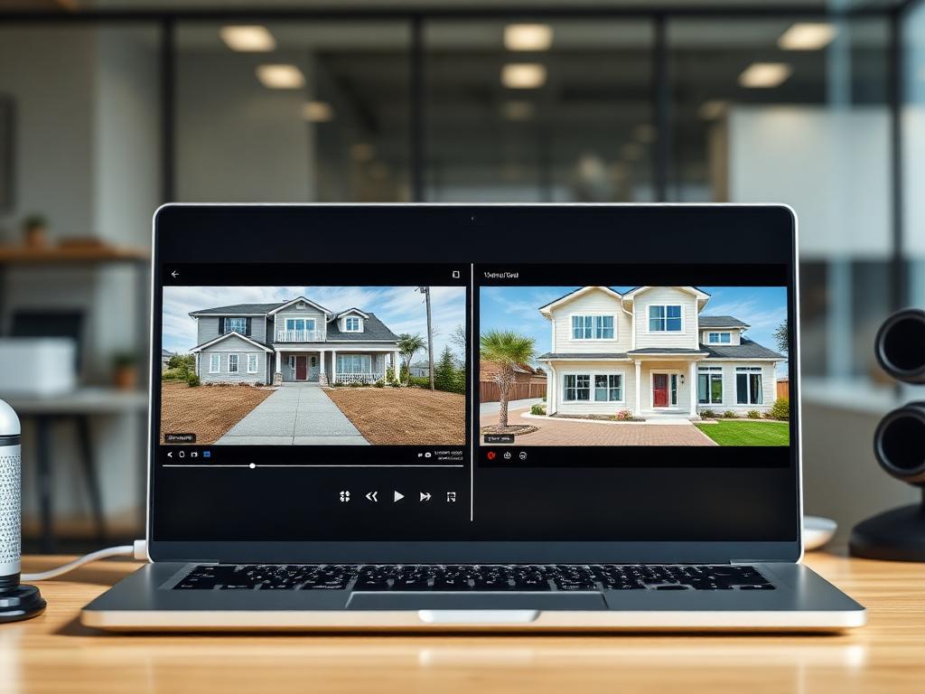 Professional laptop screen displaying PropZella interface with Virtual Tour mode and Reel mode side by side comparison for real estate video creation