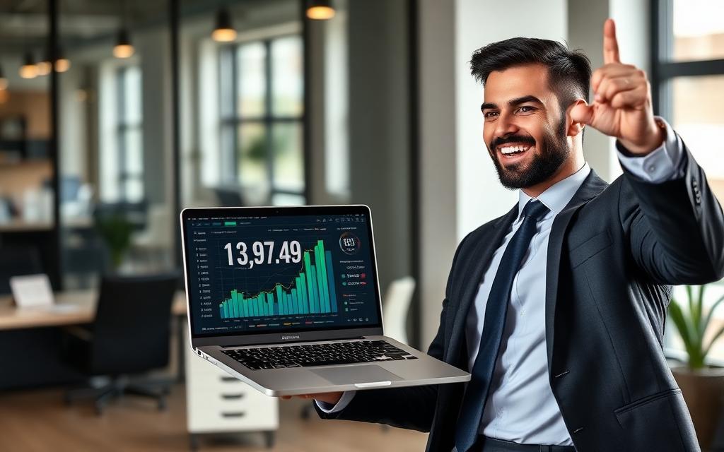 Real estate agent celebrating viral video success with millions of views using AI video technology