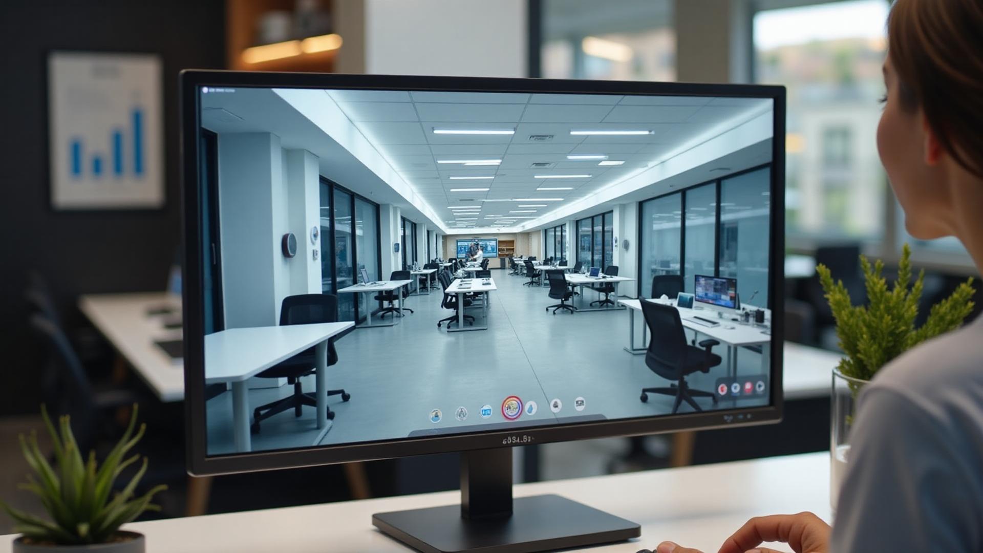 AI-powered virtual tour interface showing interactive office exploration with hotspots and navigation controls