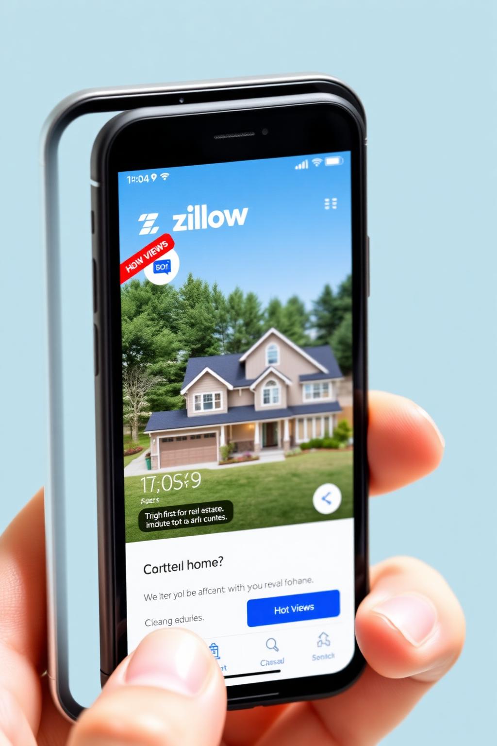 Mobile smartphone displaying Zillow app with Hot Home badge and high view counts showing mobile-first browsing experience